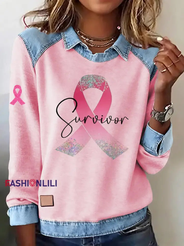 Women’s Breast Cancer Awareness Survivor Pink Ribbon Casual Top Pink / S