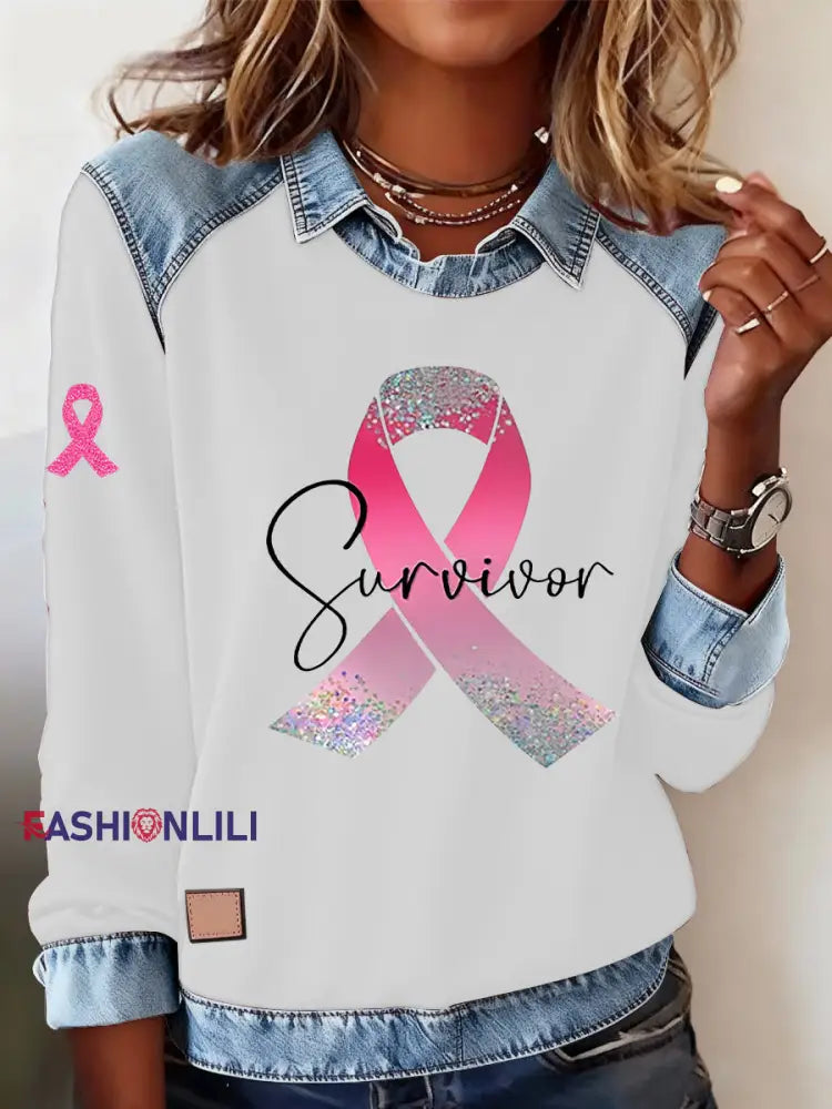 Women’s Breast Cancer Awareness Survivor Pink Ribbon Casual Top White / S