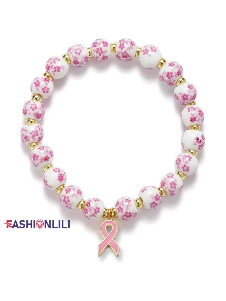 Women’s Breast Cancer Blue and White Porcelain Pink Ribbon Bracelet