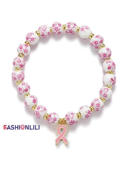 Women’s Breast Cancer Blue and White Porcelain Pink Ribbon Bracelet