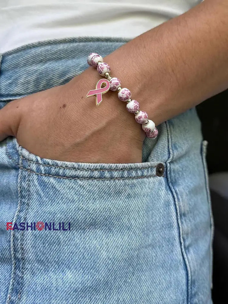 Women’s Breast Cancer Blue and White Porcelain Pink Ribbon Bracelet Pink / ONE