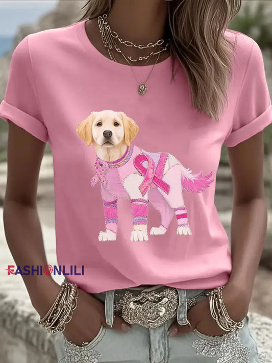 Women’s Breast Cancer Dog Art Printed T shirt Pink / S
