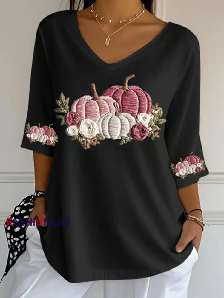 Women’s Breast Cancer Floral Print Casual T Shirt Black / S