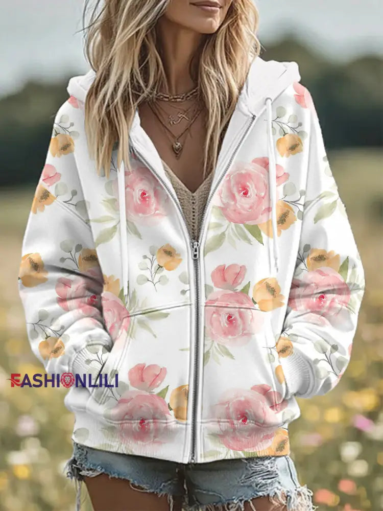 Women’s Breast Cancer Flowers Print Zip-Up Hoodie As picture / S