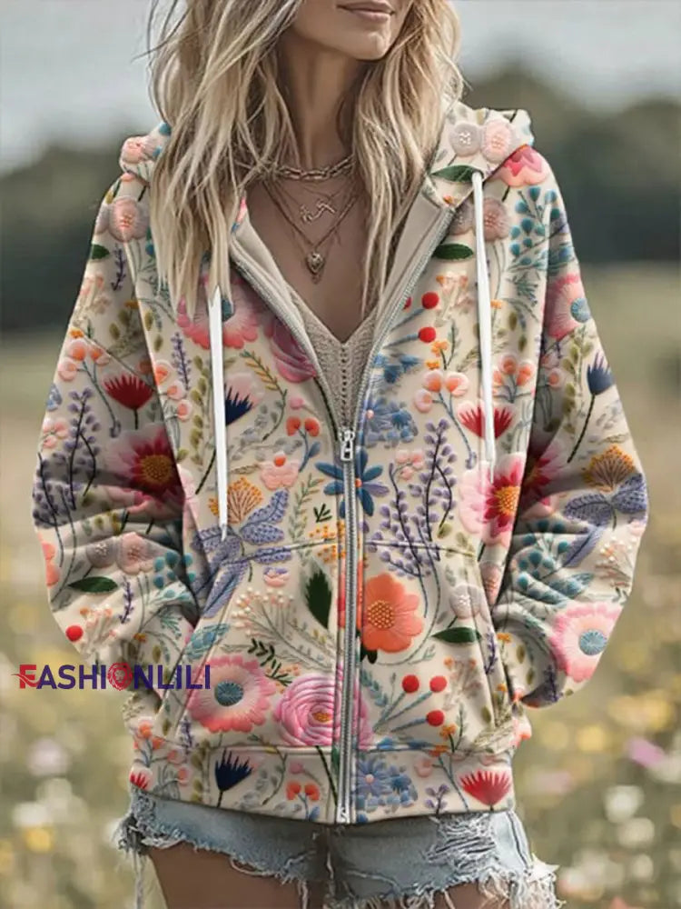 Women’s Women’s Breast Cancer Flowers Print Zip-Up Hoodie As picture / S