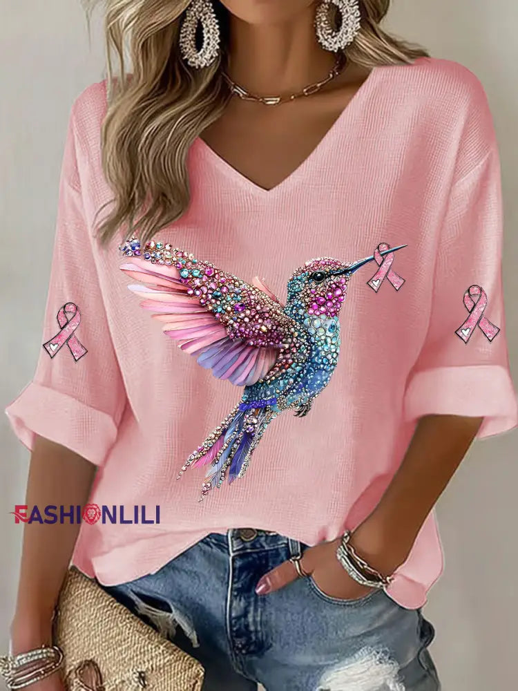 Women’s Breast Cancer Hummingbird Print Casual T shirt Pink / S