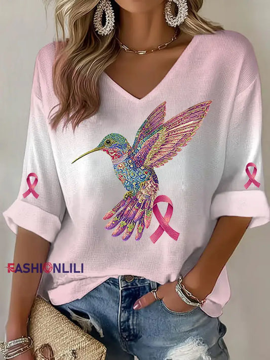 Women’s Breast Cancer Hummingbird Print Casual T shirt Pink / S