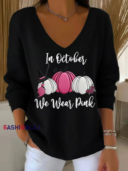 Women’s Breast Cancer In October We Wear Pink Printed Casual Top Black / S