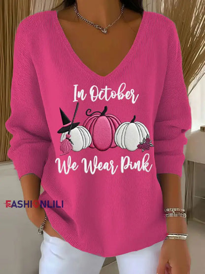 Women’s Breast Cancer In October We Wear Pink Printed Casual Top Rose Red / S