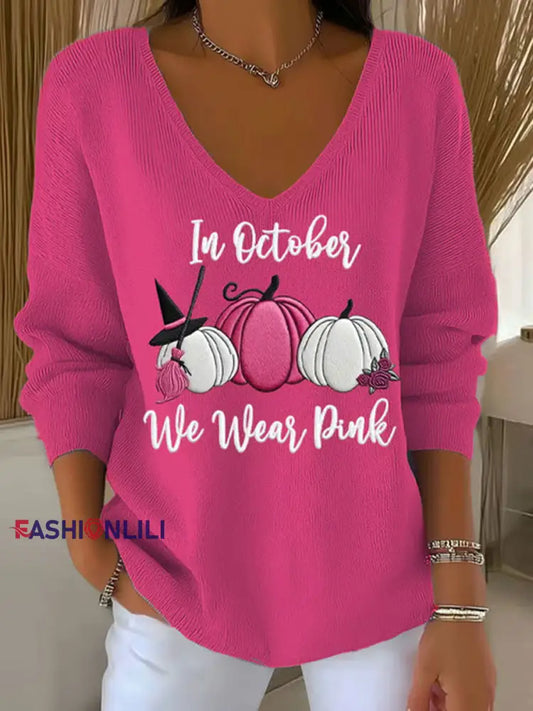 Women’s Breast Cancer In October We Wear Pink Printed Casual Top Rose Red / S