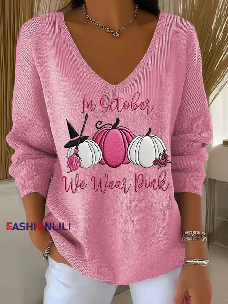 Women’s Breast Cancer In October We Wear Pink Printed Casual Top Pink / S