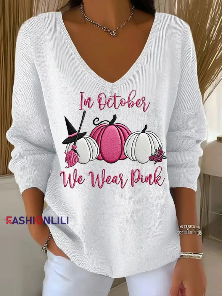 Women’s Breast Cancer In October We Wear Pink Printed Casual Top White / S