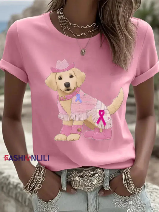 Women’s Breast Cancer Patchwork Dog Art Printed T shirt Pink / S