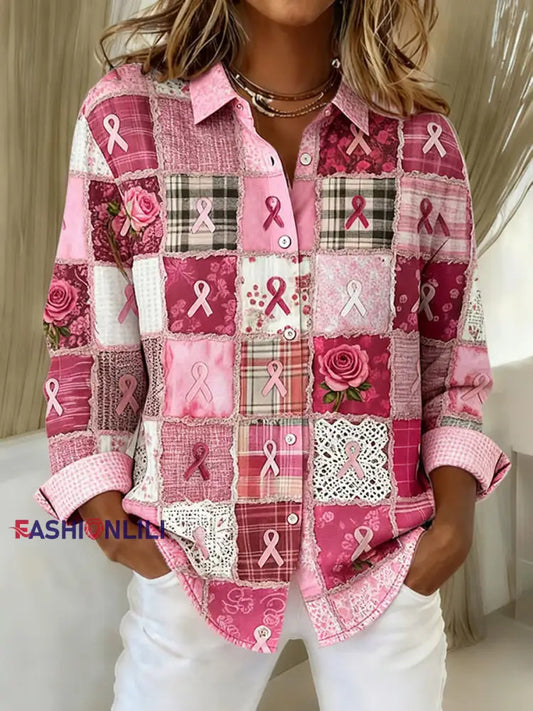 Women’s Breast Cancer Patchwork Pink Ribbon Flowers Print Casual Lapel Shirt As picture / S