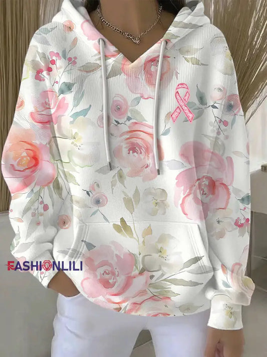 Women’s Breast Cancer Pink Floral Print Casual Hoodie As picture / S