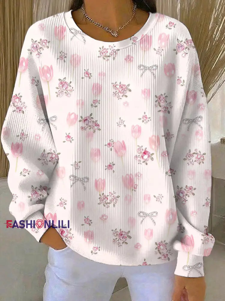 Women’s Breast Cancer Pink Floral Print Casual Sweatshirt As picture / S
