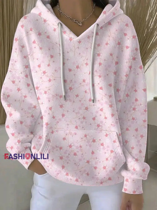 Women’s Breast Cancer Pink Flowers Print Casual Hoodie As picture / S
