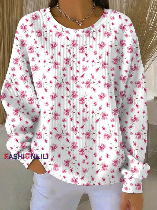 Women’s Breast Cancer Pink Flowers Print Casual Sweatshirt As picture / S