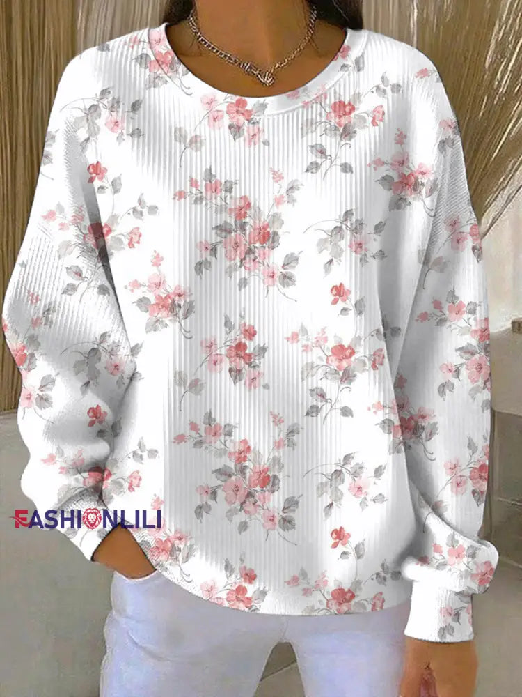 Women’s Breast Cancer Pink Flowers Print Casual Sweatshirt As picture / S