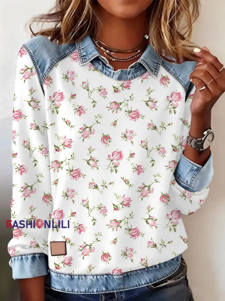 Women’s Breast Cancer Pink Flowers Print Casual Top As picture / S