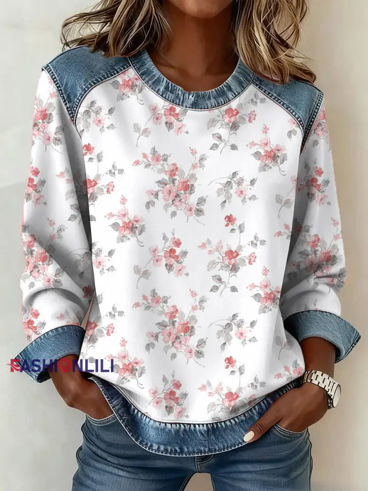 Women’s Breast Cancer Pink Pattern Patchwork Art Sweatshirt As picture / S