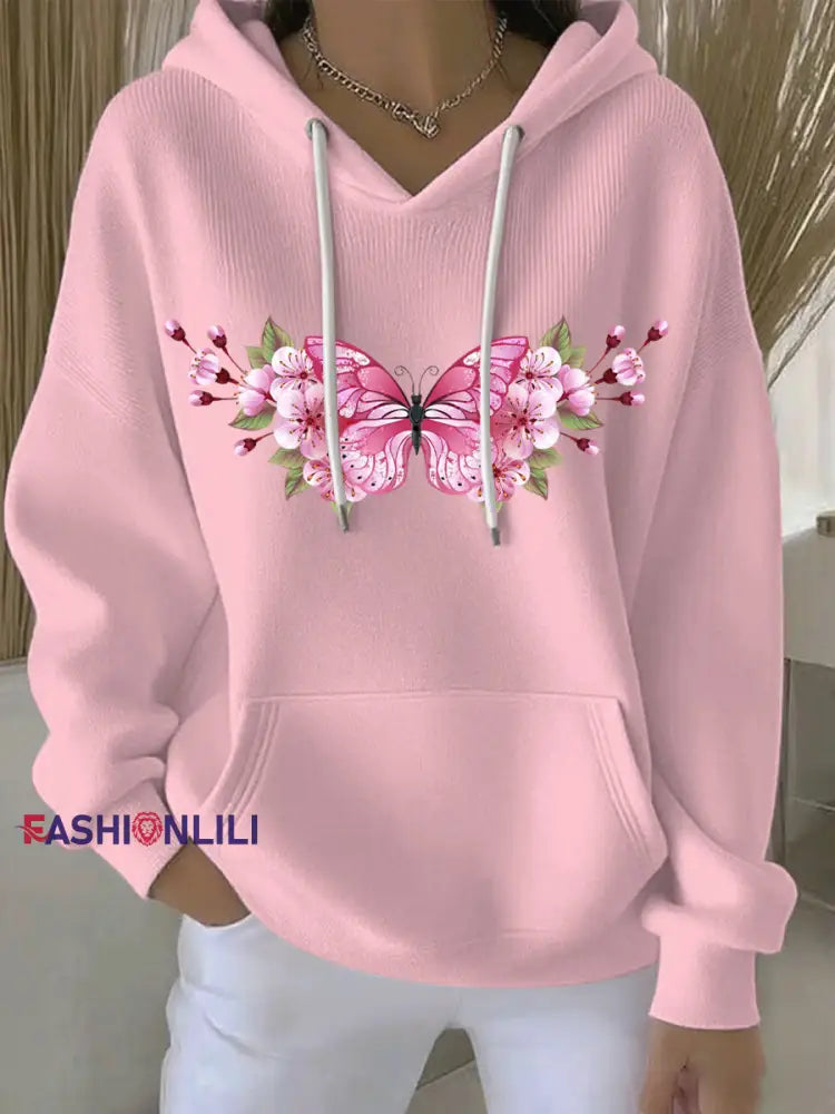 Women’s Breast Cancer Pink Print Casual Hoodie Pink / S