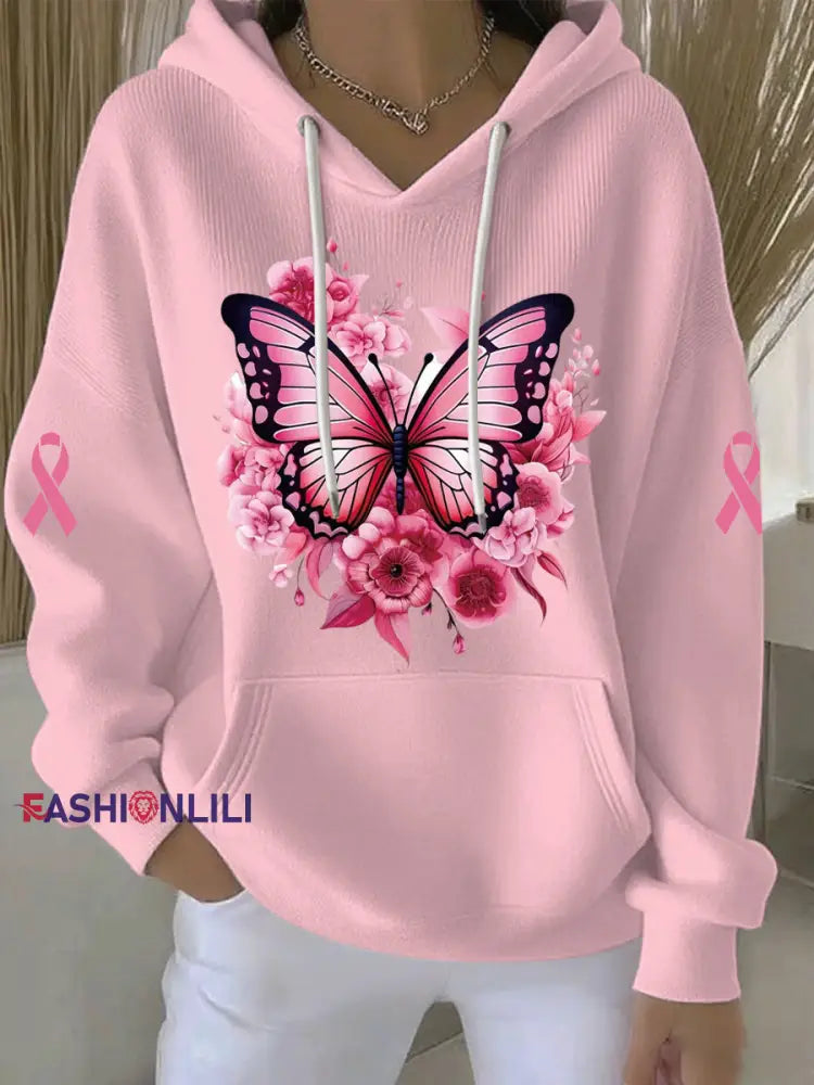 Women’s Breast Cancer Pink Print Casual Hoodie Pink / S