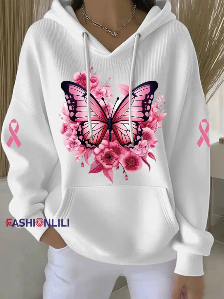Women’s Breast Cancer Pink Print Casual Hoodie White / S