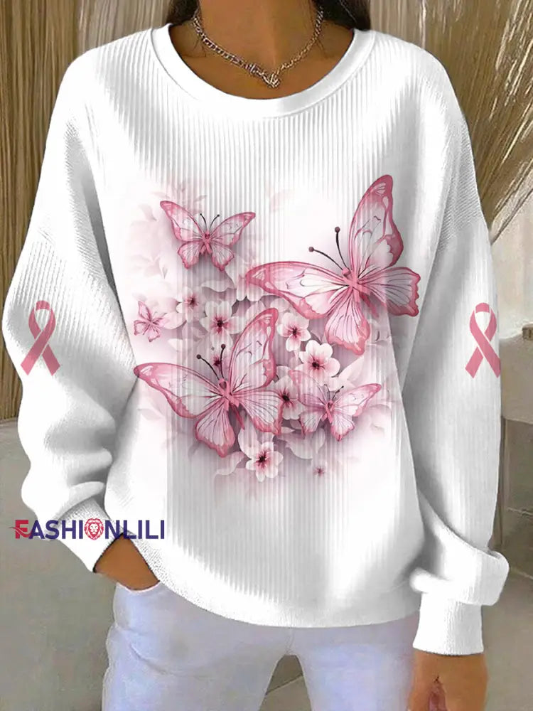 Women’s Breast Cancer Pink Print Casual Sweatshirt As picture / S