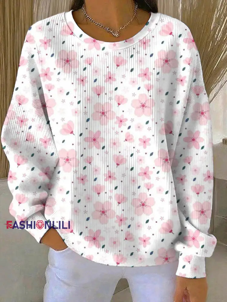 Women’s Breast Cancer Pink Print Casual Sweatshirt As picture / S