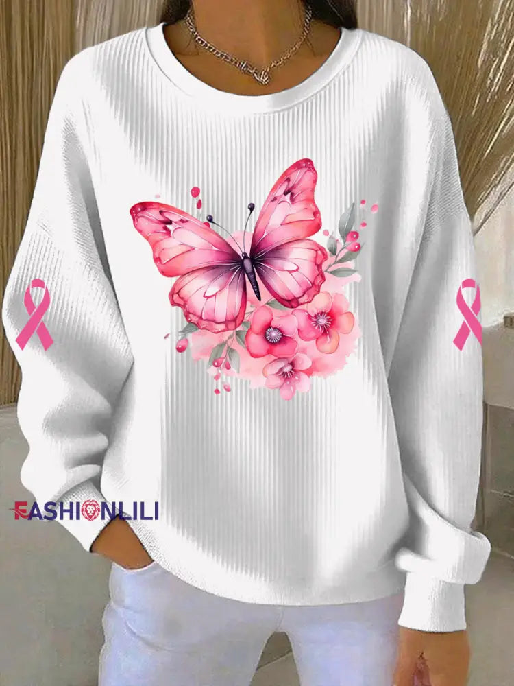 Women’s Breast Cancer Pink Print Casual Sweatshirt White / S