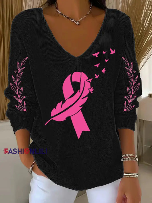 Women’s Breast Cancer Pink Printed Casual Top Black / S