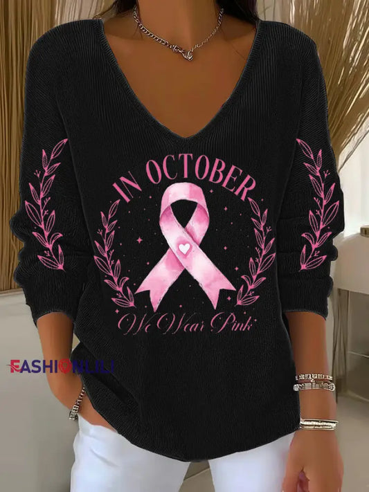 Women’s Breast Cancer Pink Printed Casual Top Black / S