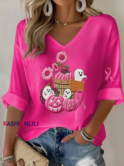 Women’s Breast Cancer Pink Pumpkin Print Casual T shirt Rose Red / S