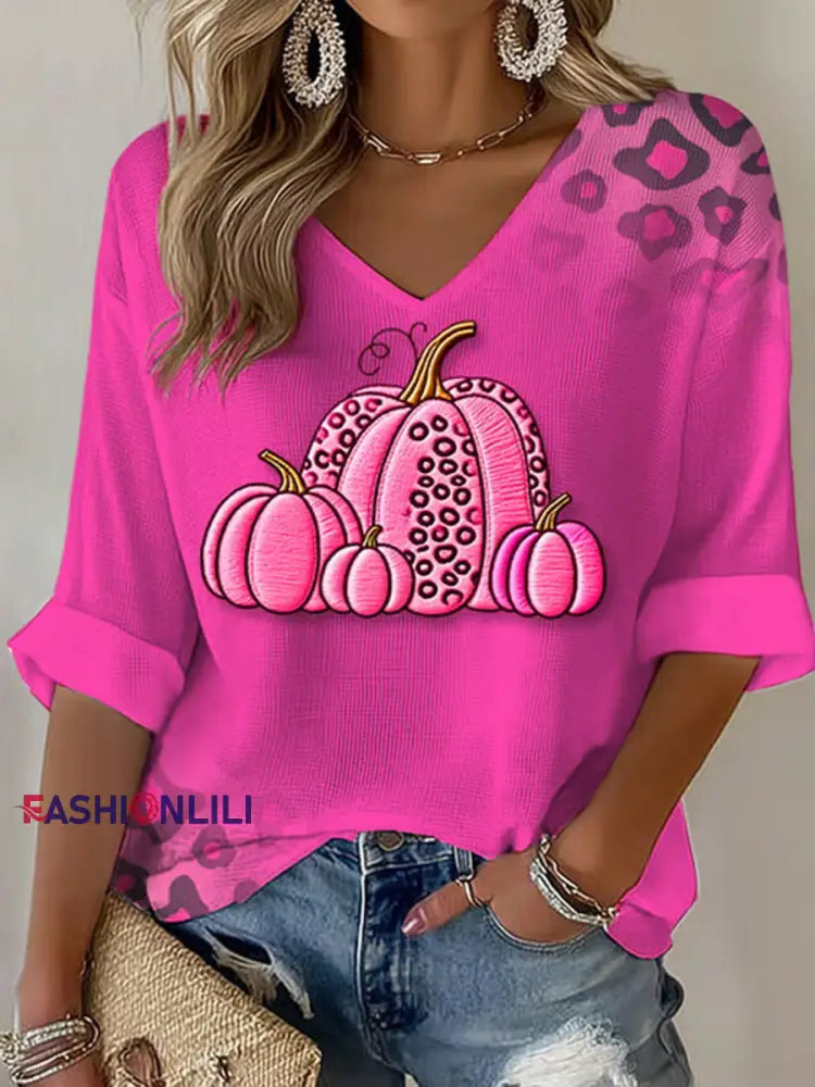 Women’s Breast Cancer Pink Pumpkin Print Casual T shirt Rose Red / S