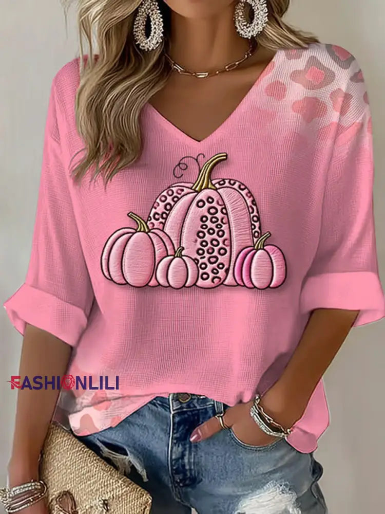 Women’s Breast Cancer Pink Pumpkin Print Casual T shirt Pink / S
