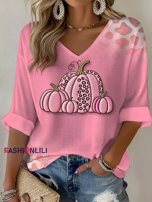 Women’s Breast Cancer Pink Pumpkin Print Casual T shirt Pink / S