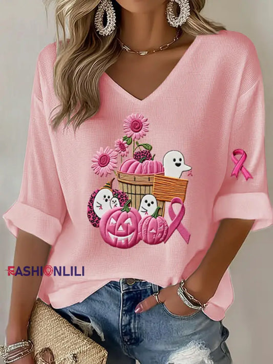 Women’s Breast Cancer Pink Pumpkin Print Casual T shirt Pink / S
