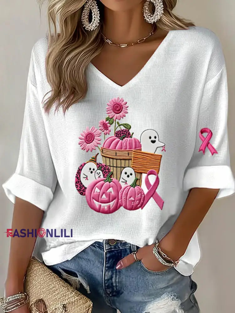 Women’s Breast Cancer Pink Pumpkin Print Casual T shirt White / S