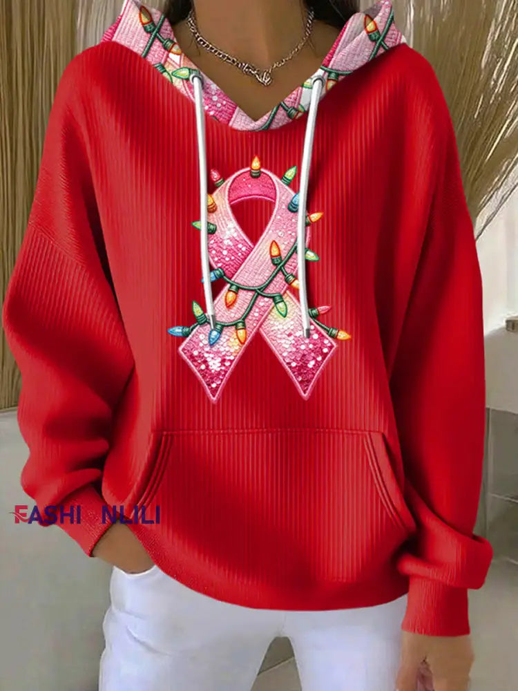 Women’s Breast Cancer Pink Ribbon Christmas Lights Hoodie Red / S