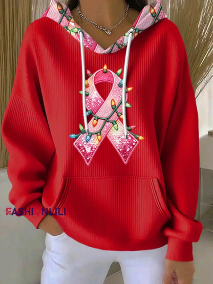 Women’s Breast Cancer Pink Ribbon Christmas Lights Hoodie Red / S