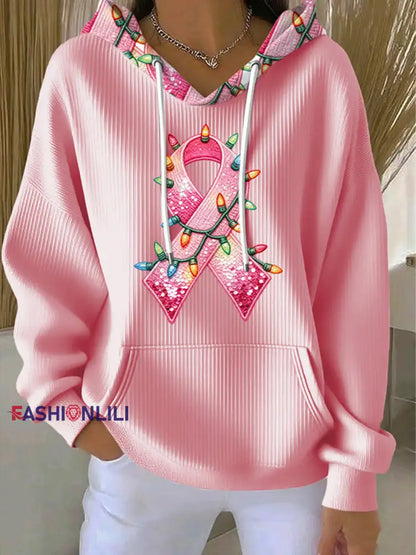 Women’s Breast Cancer Pink Ribbon Christmas Lights Hoodie Pink / S