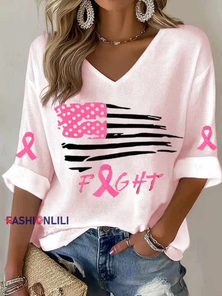 Women’s Breast Cancer Pink Ribbon Flag Waffle Print Casual T Shirt Light Pink / S