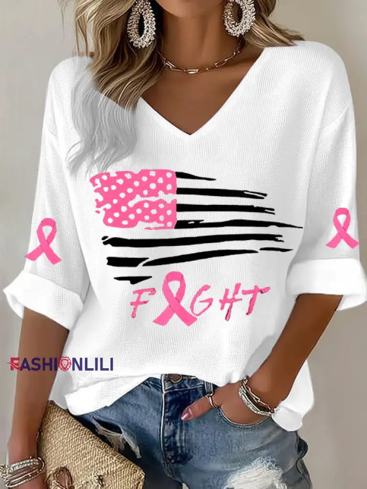 Women’s Breast Cancer Pink Ribbon Flag Waffle Print Casual T Shirt White / S