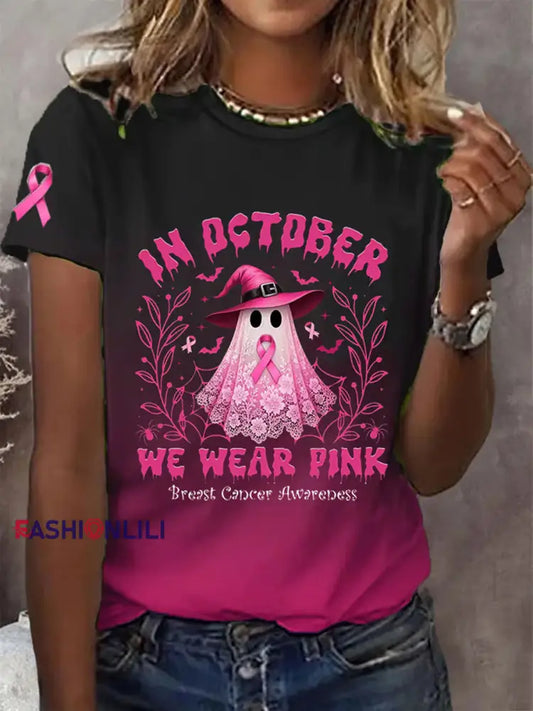 Women’s Breast Cancer Pink Ribbon Pumpkin Ghost Print Short Sleeve T Shirt Picture 1 / S