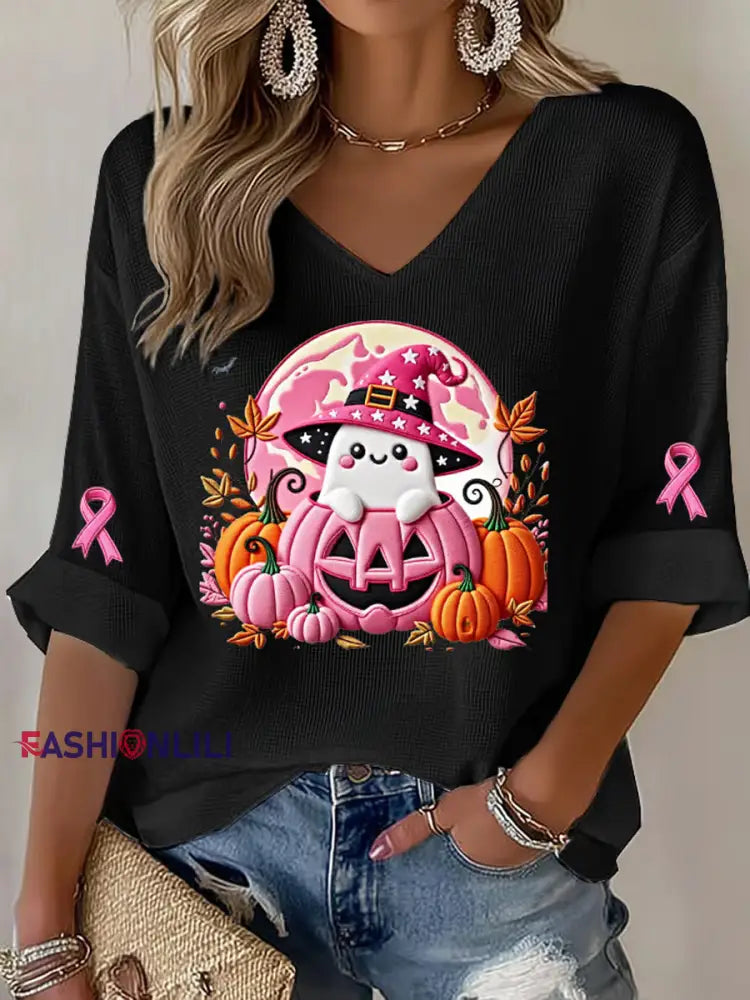Women’s Breast Cancer Pink Ribbon Pumpkin Ghost Waffle Print Casual T Shirt Black / S