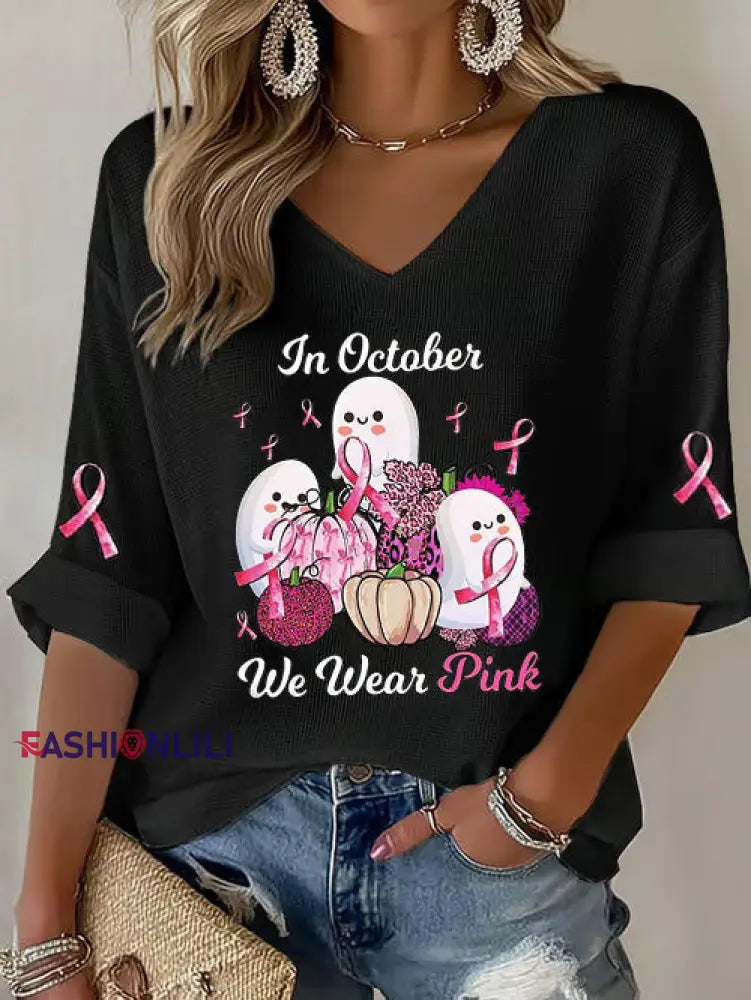 Women’s Breast Cancer Pink Ribbon Pumpkin Ghost Waffle Print Casual T Shirt Black / S
