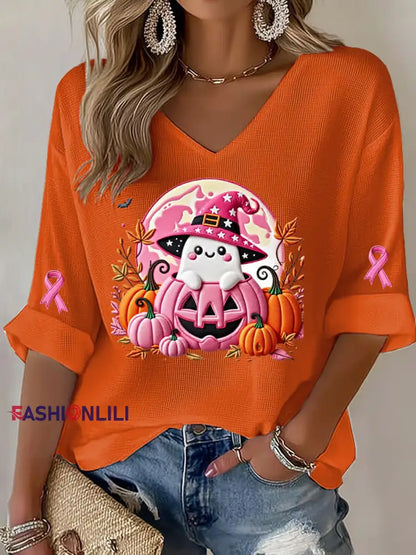 Women’s Breast Cancer Pink Ribbon Pumpkin Ghost Waffle Print Casual T Shirt Orange / S