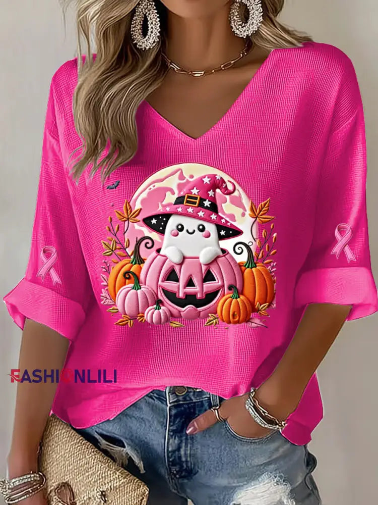 Women’s Breast Cancer Pink Ribbon Pumpkin Ghost Waffle Print Casual T Shirt Rose Red / S