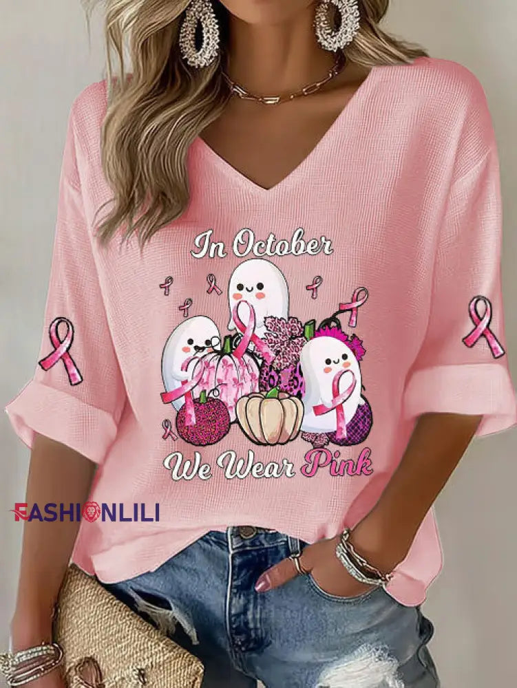 Women’s Breast Cancer Pink Ribbon Pumpkin Ghost Waffle Print Casual T Shirt Pink / S
